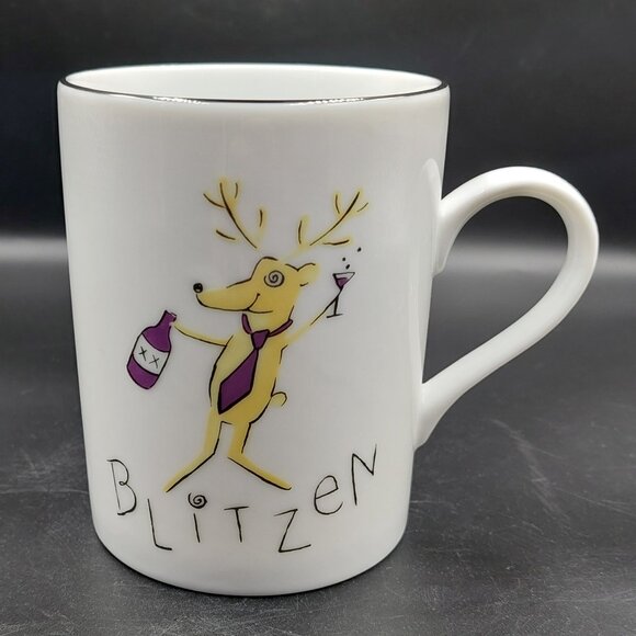 RARE Pottery Barn Christmas Holiday Reindeer BLITZEN Mug Made in Japan EUC - Picture 1 of 4